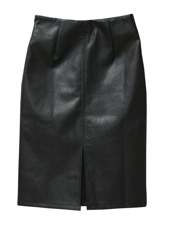 Women's Slim Fit Hip Covering Spliced Slit PU Leather Skirt