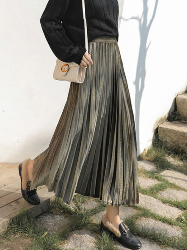 Women's Gold Velvet Pleated Skirt With Wide Hem