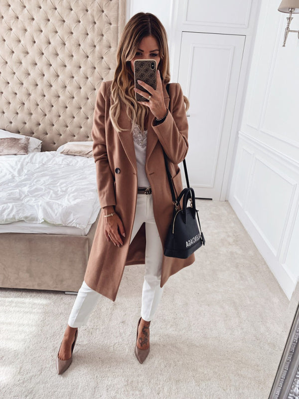 Autumn and Winter Solid Color Long-Sleeved Double Pocket Suit Collar Woolen Jacket