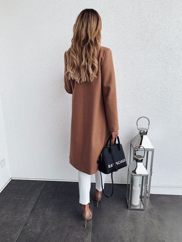 Autumn and Winter Solid Color Long-Sleeved Double Pocket Suit Collar Woolen Jacket