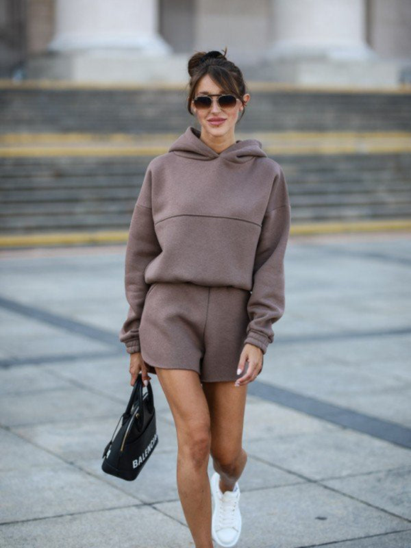 Autumn and Winter Solid Color Long-Sleeved Shorts and Sweatshirt Set