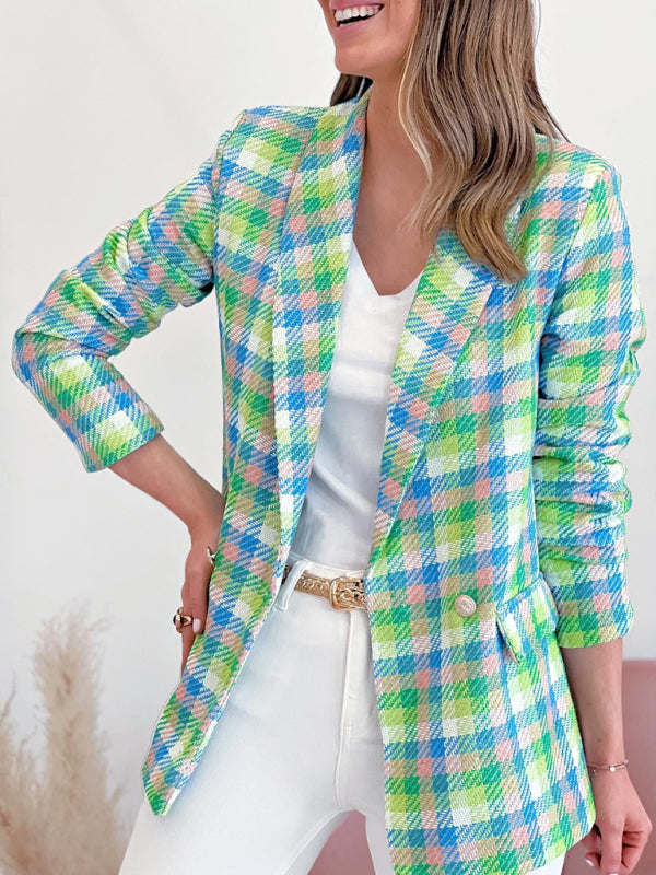 Long Sleeve Pocket Printed Plaid Slim Fit Blazer Jacket