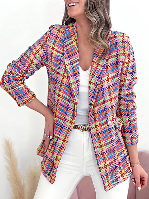 Long Sleeve Pocket Printed Plaid Slim Fit Blazer Jacket