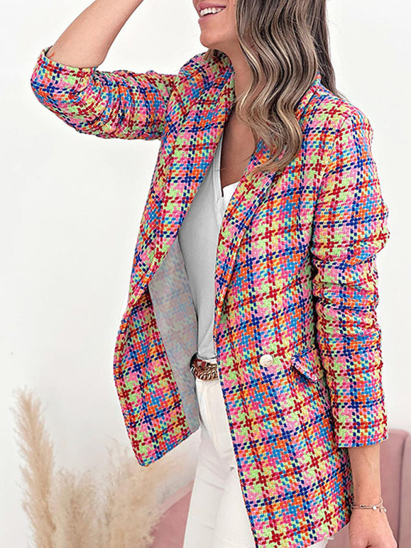 Long Sleeve Pocket Printed Plaid Slim Fit Blazer Jacket