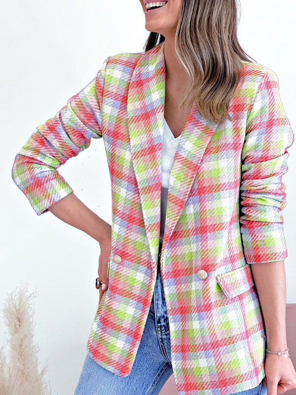 Long Sleeve Pocket Printed Plaid Slim Fit Blazer Jacket