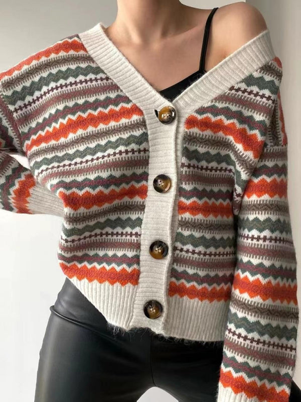 Contrast Color Knitted Sweater Cardigan Jacket Sweater