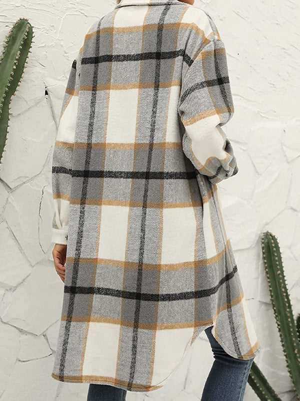 Long Plaid Lapel Buttoned Wool Casual Windbreaker Jacket