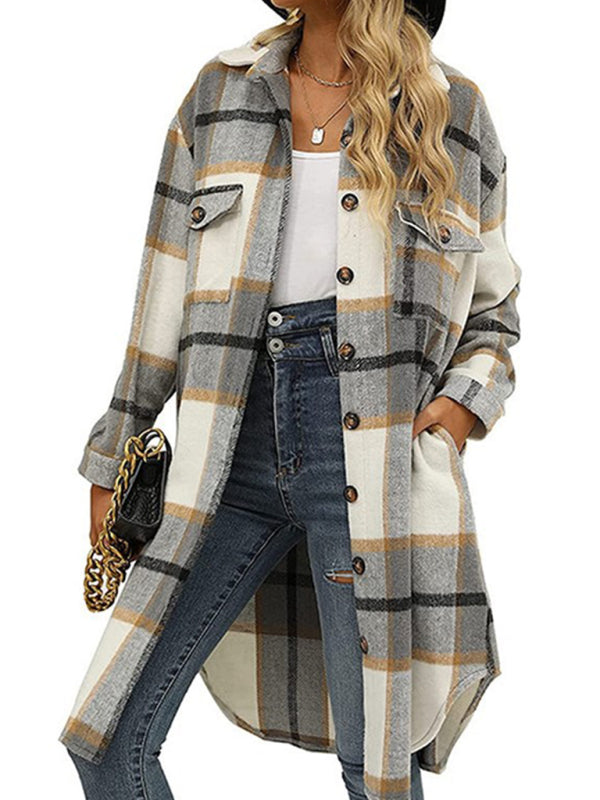 Long Plaid Lapel Buttoned Wool Casual Windbreaker Jacket