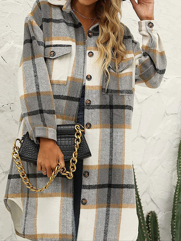 Long Plaid Lapel Buttoned Wool Casual Windbreaker Jacket