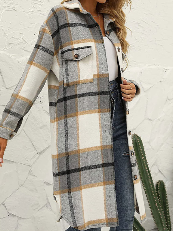 Long Plaid Lapel Buttoned Wool Casual Windbreaker Jacket