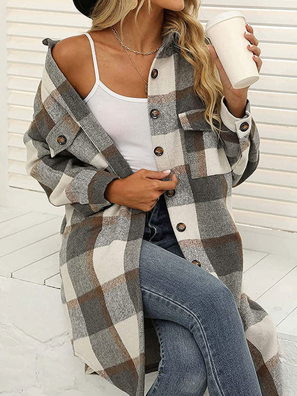 Long Plaid Lapel Buttoned Wool Casual Windbreaker Jacket