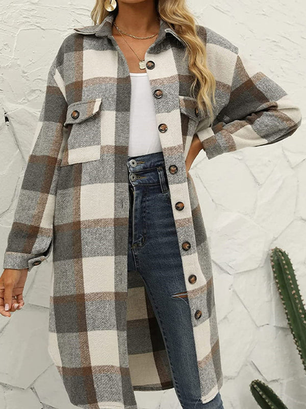 Long Plaid Lapel Buttoned Wool Casual Windbreaker Jacket