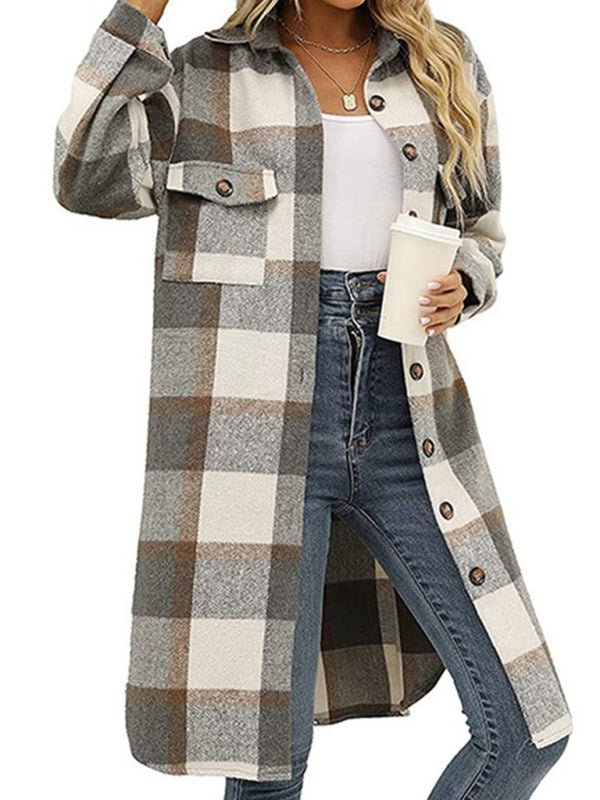 Long Plaid Lapel Buttoned Wool Casual Windbreaker Jacket