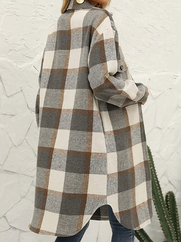 Long Plaid Lapel Buttoned Wool Casual Windbreaker Jacket