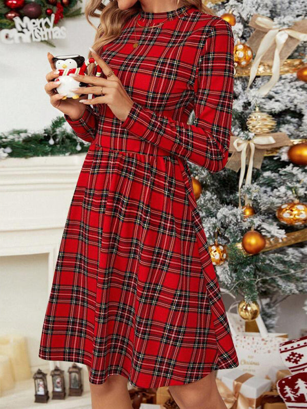 Checkered Printed Turtleneck Long-Sleeved Dress Christmas