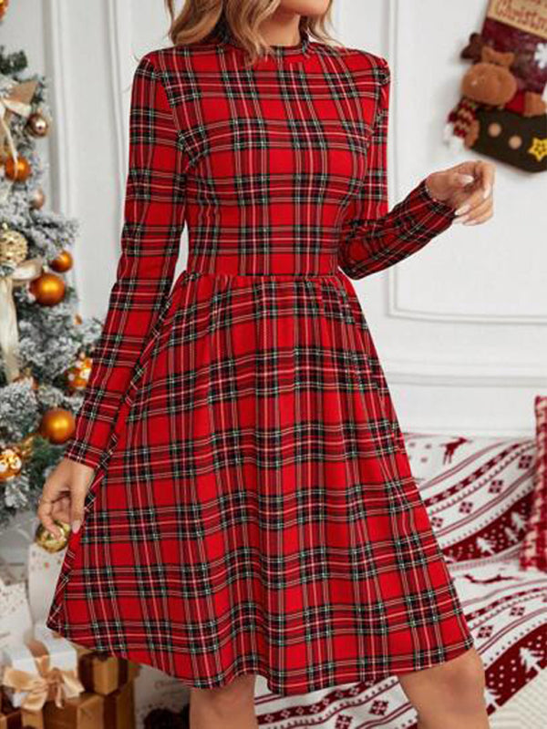 Checkered Printed Turtleneck Long-Sleeved Dress Christmas