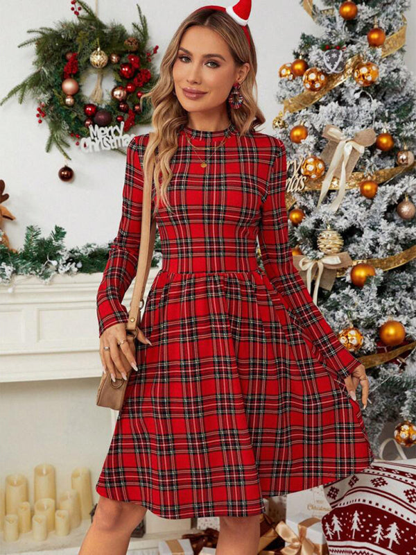 Checkered Printed Turtleneck Long-Sleeved Dress Christmas