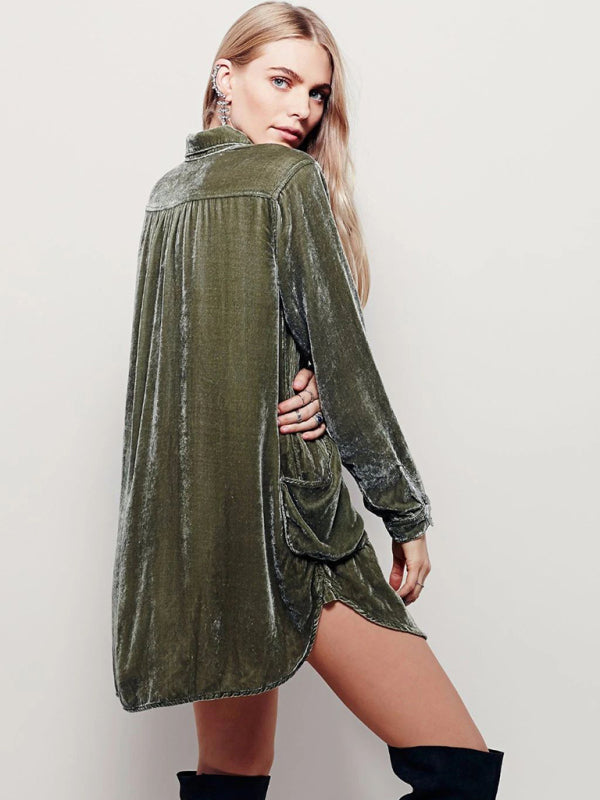 Solid Color Casual V-Neck Loose Long-Sleeved Gold Velvet Shirt Dress