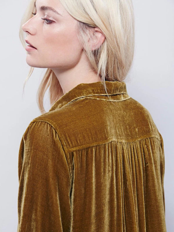 Solid Color Casual V-Neck Loose Long-Sleeved Gold Velvet Shirt Dress