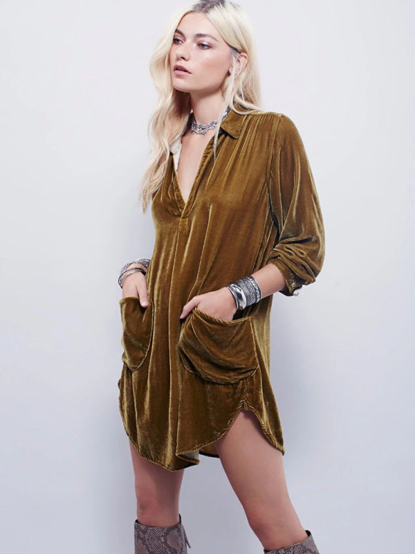 Solid Color Casual V-Neck Loose Long-Sleeved Gold Velvet Shirt Dress