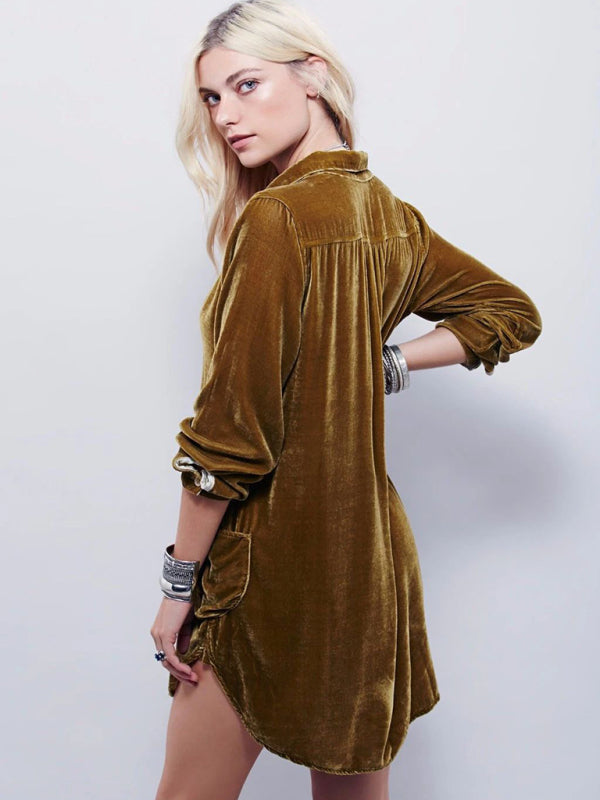 Solid Color Casual V-Neck Loose Long-Sleeved Gold Velvet Shirt Dress