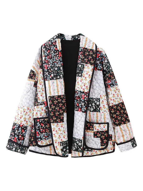 Loose French V-neck Long-Sleeved Printed Quilted Jacket