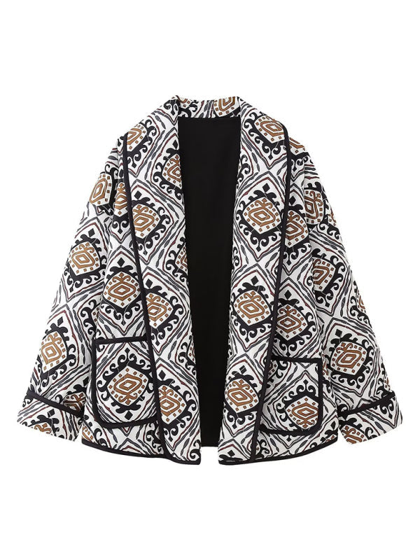 Loose French V-neck Long-Sleeved Printed Quilted Jacket