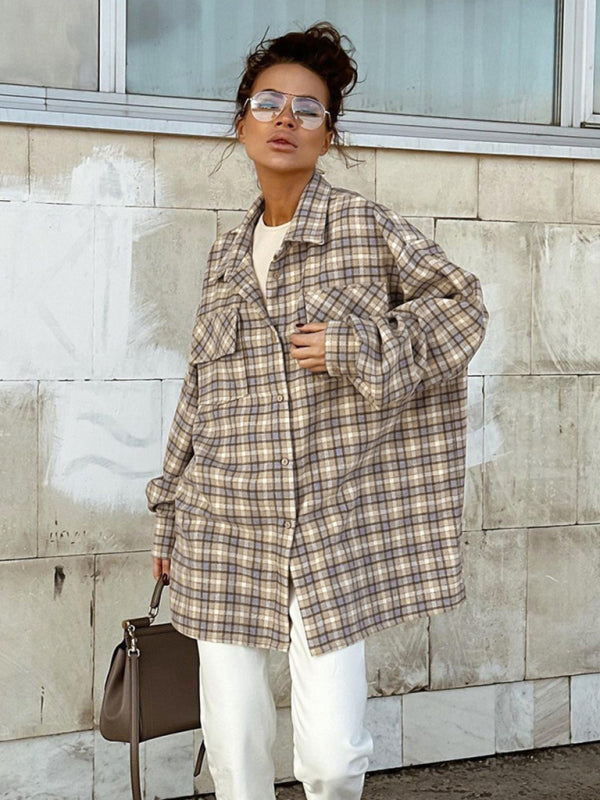 Women's New American Retro Plaid Commuting Oversize Long Sleeve Shirt Jacket