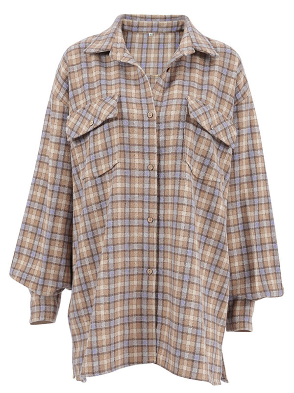 Women's New American Retro Plaid Commuting Oversize Long Sleeve Shirt Jacket