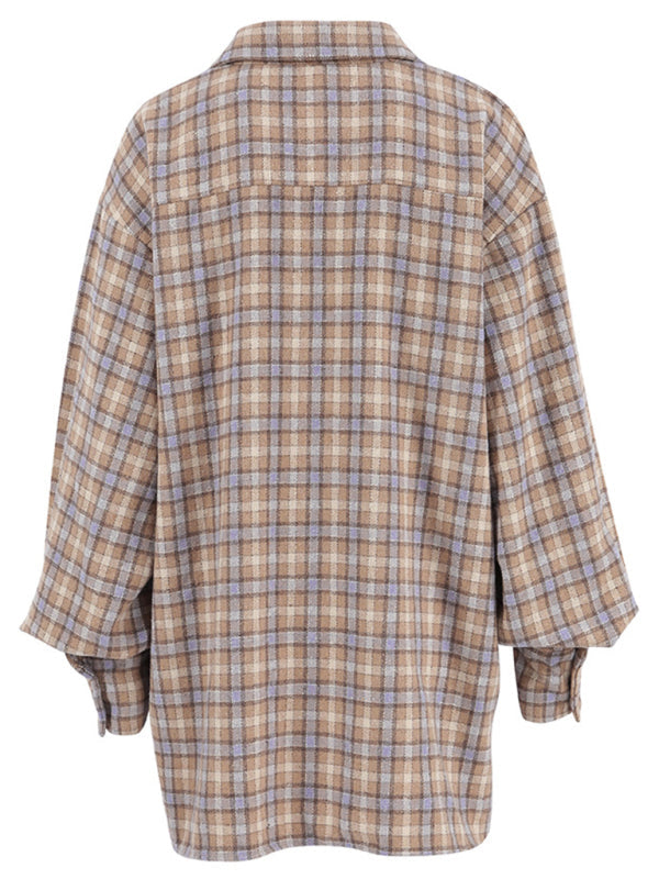 Women's New American Retro Plaid Commuting Oversize Long Sleeve Shirt Jacket