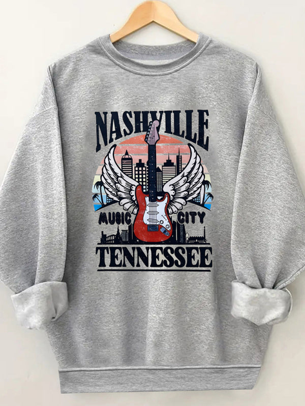 Nashville Round Neck Casual Guitar Pattern Sweatshirt