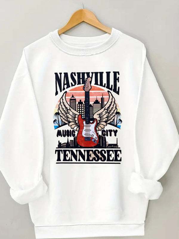 Nashville Round Neck Casual Guitar Pattern Sweatshirt