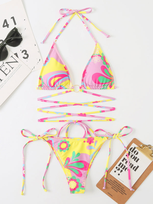 Women's New Bikini Floral Print Beach Strap Swimsuit