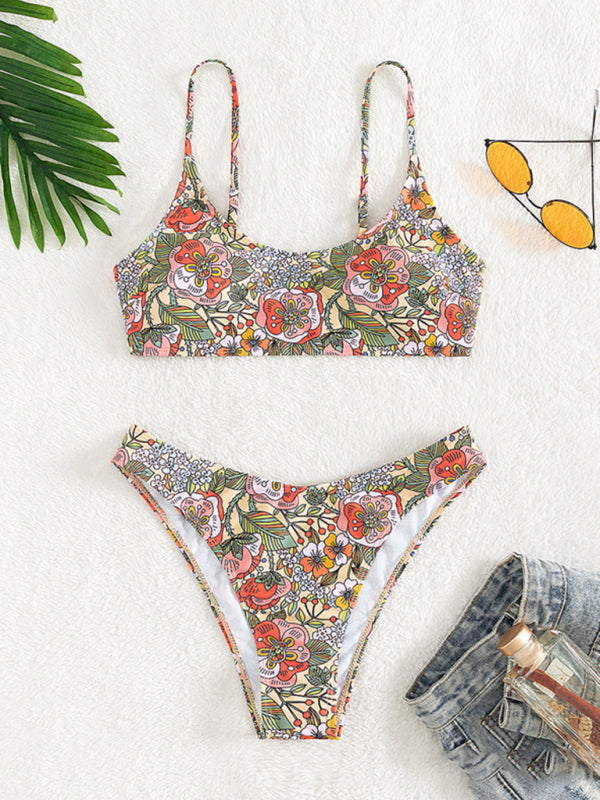 Retro Printed Bandeau Top High Waist Bikini