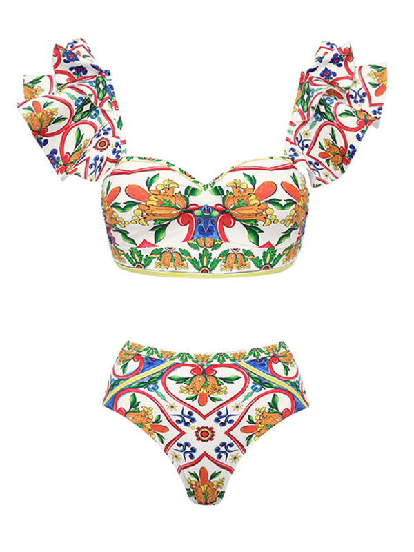 Women's Ruffled Enamel Print Beach Resort Swimsuit Suit