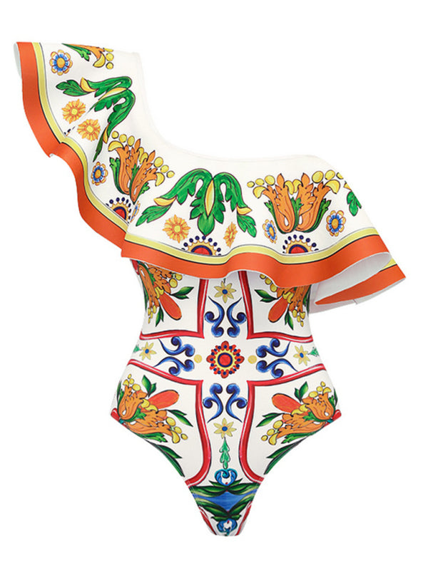 Women's Ruffled Enamel Print Beach Resort Swimsuit Suit