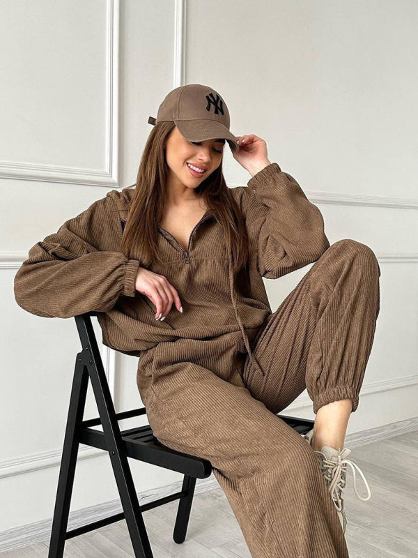 Long Sleeve Hooded Zipper Women's Loungewear Two Piece Set