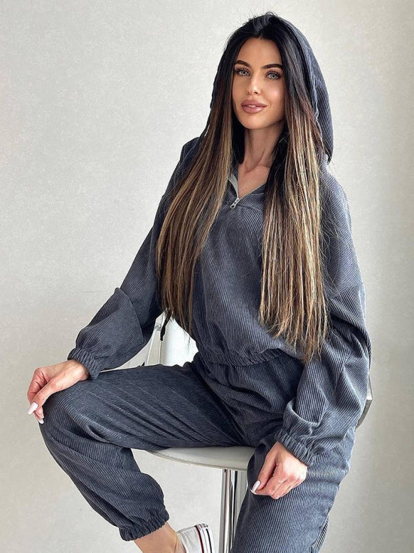 Long Sleeve Hooded Zipper Women's Loungewear Two Piece Set