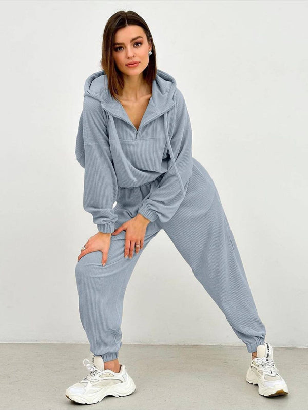 Long Sleeve Hooded Zipper Women's Loungewear Two Piece Set