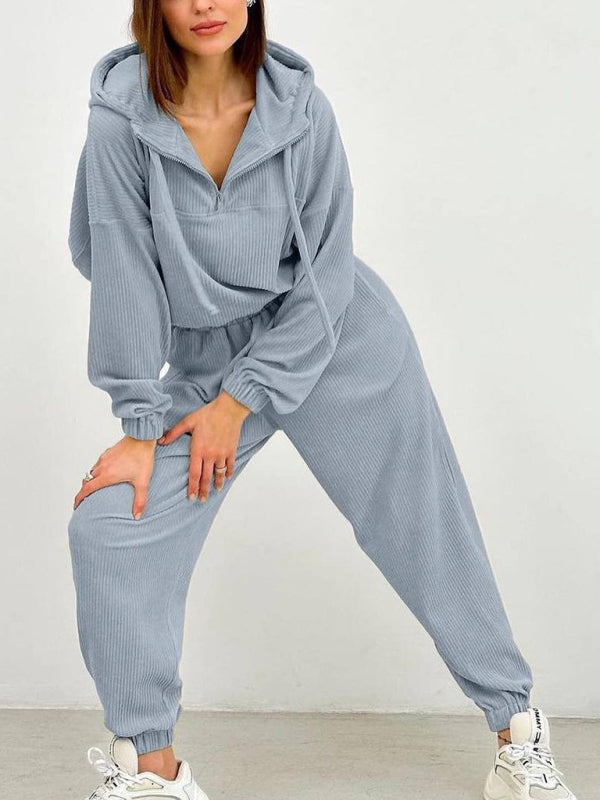 Long Sleeve Hooded Zipper Women's Loungewear Two Piece Set