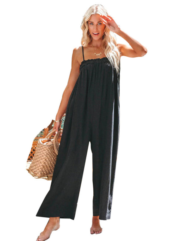 Loose High-Waisted Wide-Leg Suspender Jumpsuit