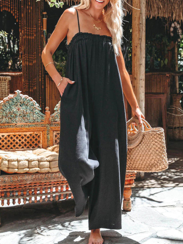 Loose High-Waisted Wide-Leg Suspender Jumpsuit