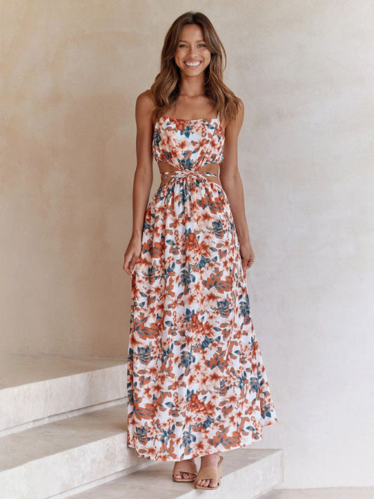 Fresh Printed Waist Tie Hollow Hip Maxi Dress