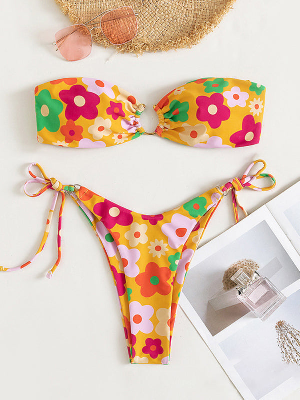 Sweet Flower Print High Hip Bandeau Bikini