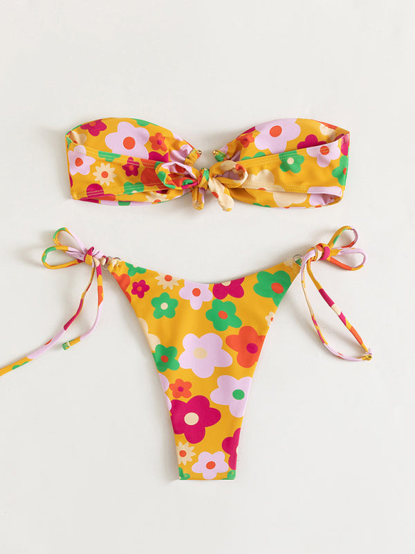 Sweet Flower Print High Hip Bandeau Bikini