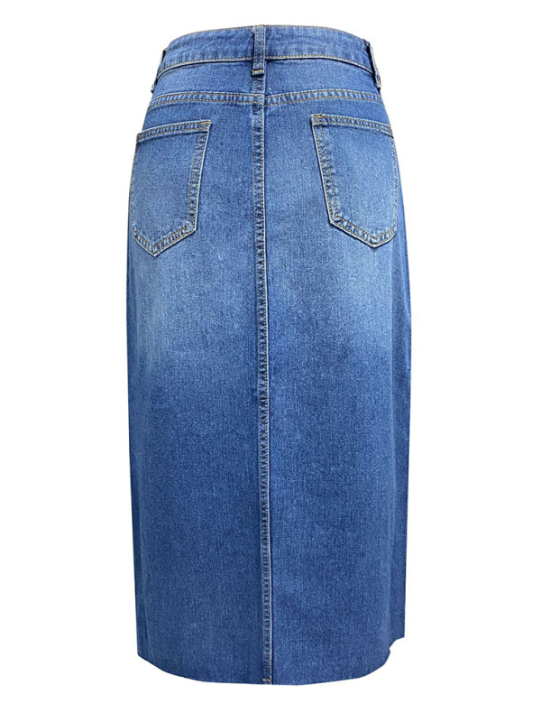 Front Slit Denim High Waist A Line Mid Length Skirt