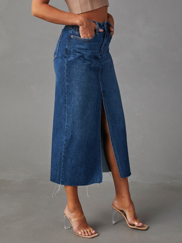 Front Slit Denim High Waist A Line Mid Length Skirt