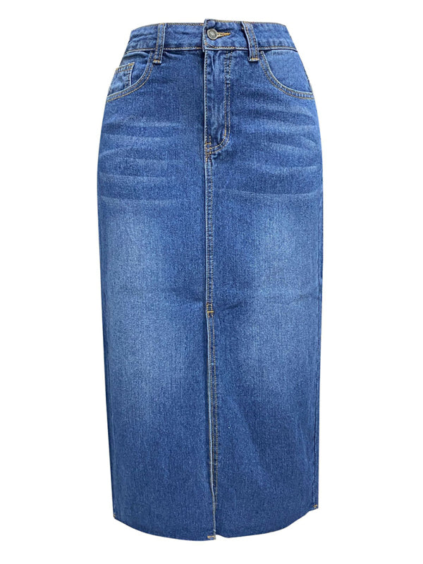 Front Slit Denim High Waist A Line Mid Length Skirt