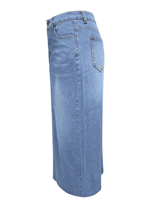 Front Slit Denim High Waist A Line Mid Length Skirt