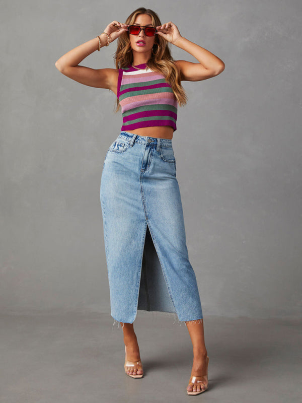 Front Slit Denim High Waist A Line Mid Length Skirt